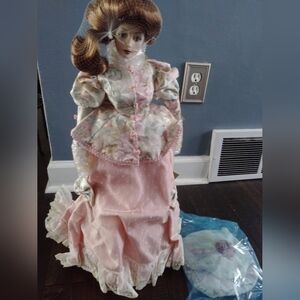 Franklin Heirloom Elegant Porcelain Doll And Umbrella with Pink Dress